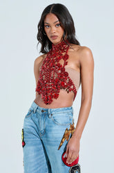 BURNING PASSION RHINESTONE MOCK NECK TOP