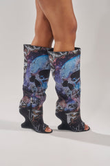 AKIRA GOLD NINE LIVES GRAPHIC OPEN TOE WEDGE BOOT