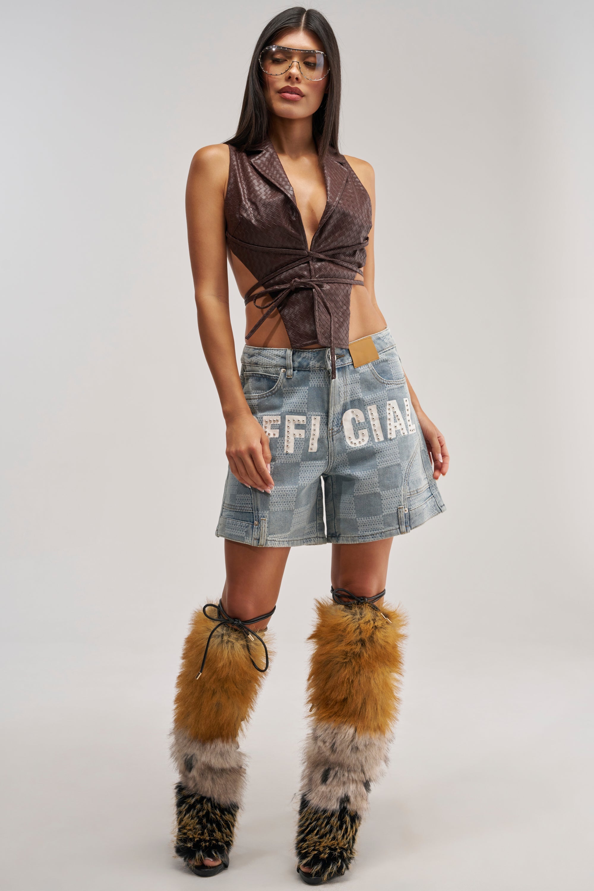 WOVEN LEATHER OPEN BACK VEST IN CHOCOLATE BROWN