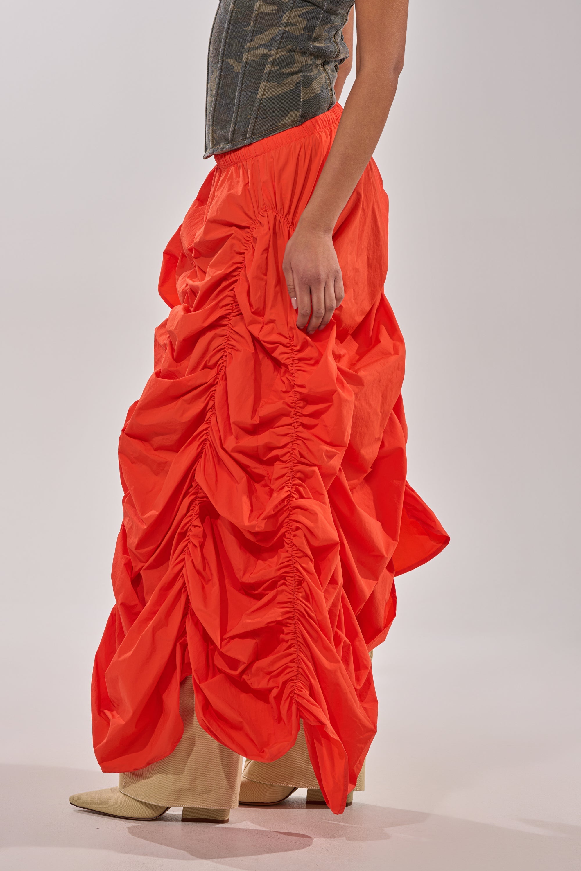 LETS CHANGE IT UP RUCHED MIDI SKIRT IN ORANGE