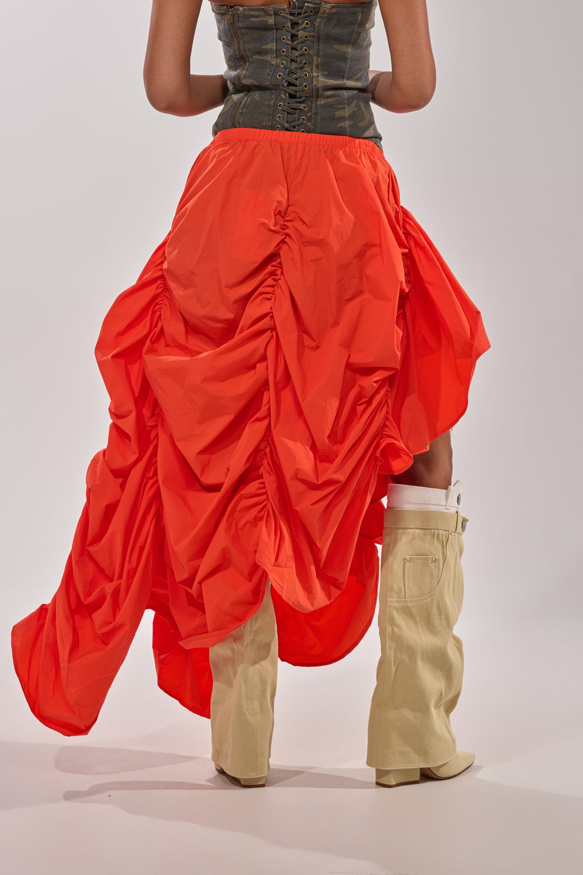 LETS CHANGE IT UP RUCHED MIDI SKIRT IN ORANGE