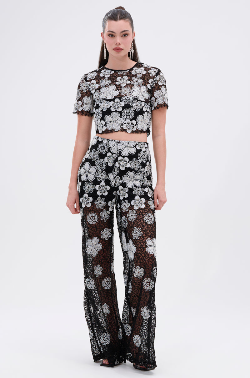 FLORAL SEQUIN MESH SHORT SLEEVE BLOUSE