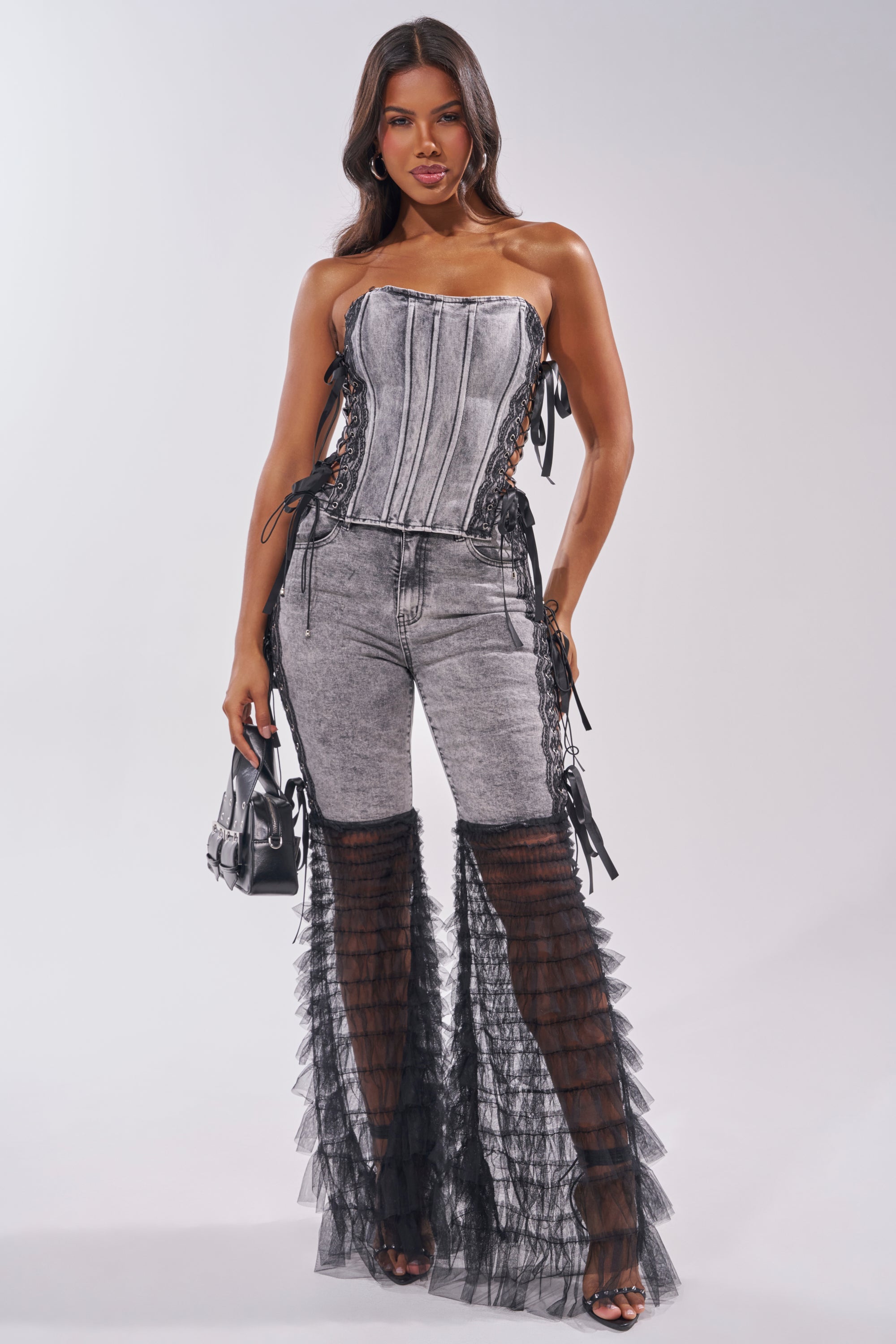 TICKED AND TIED LACE DETAIL FLARE DENIM
