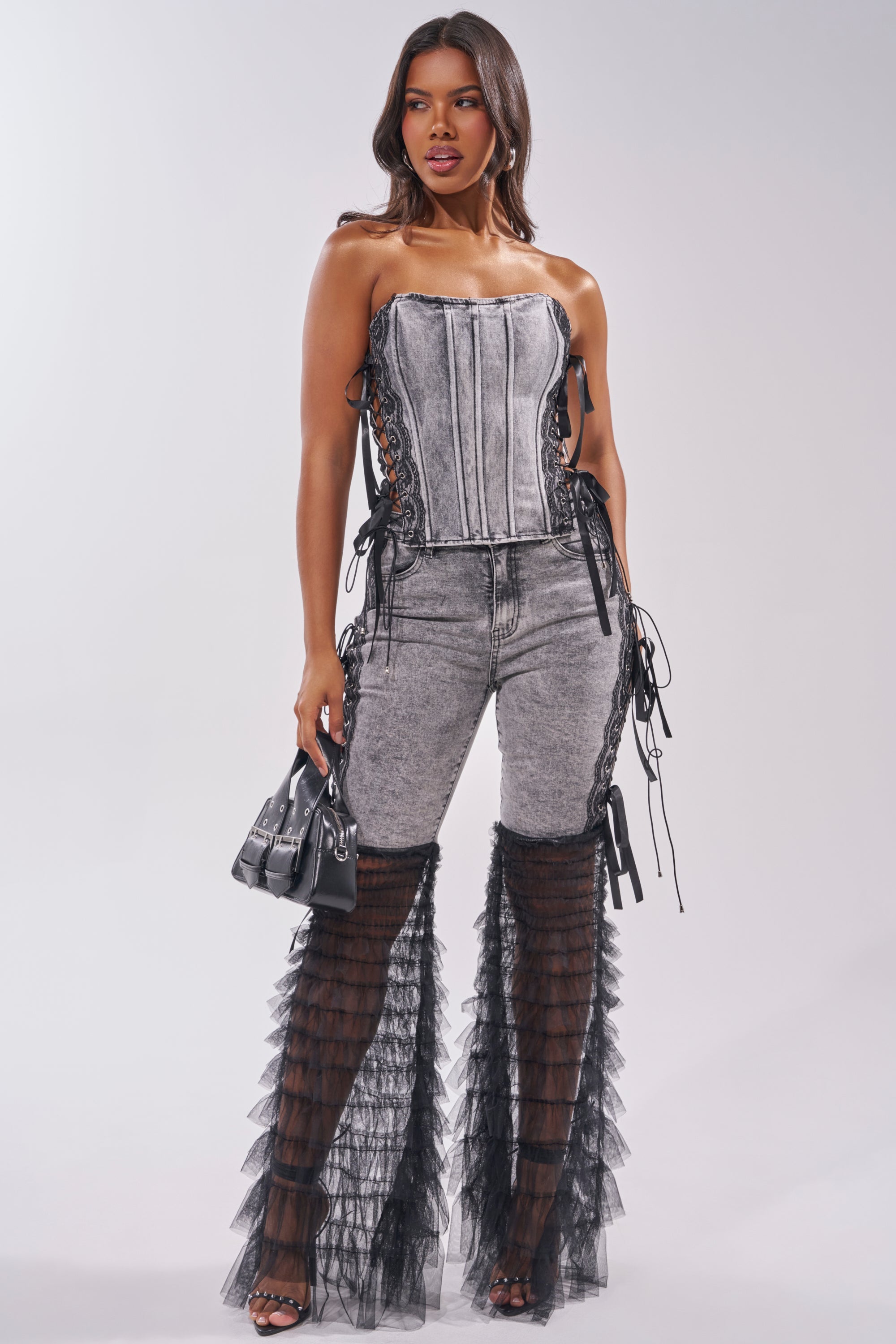 TICKED AND TIED LACE DETAIL DENIM CORSET