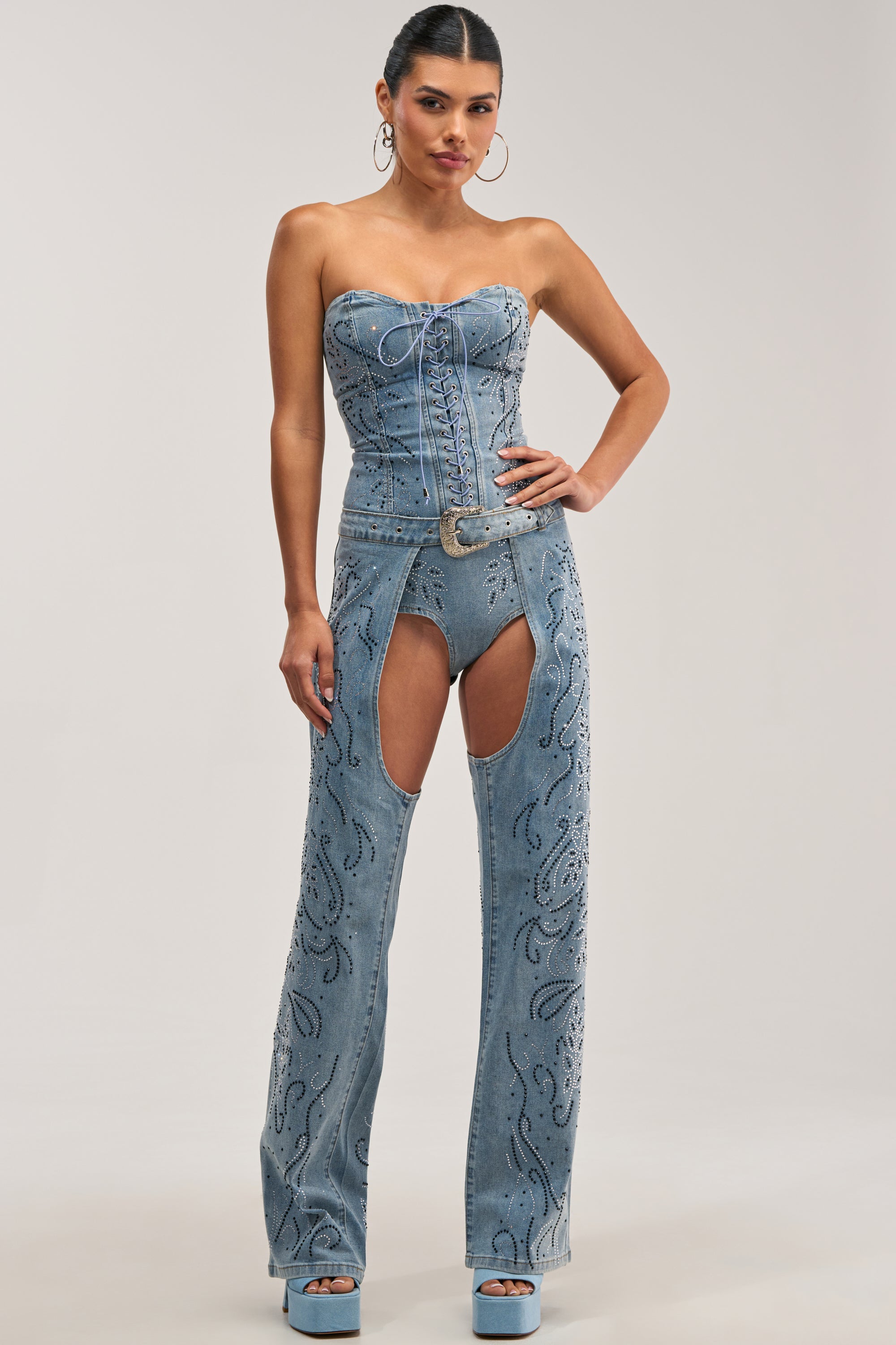 COWGIRL NIGHTS RHINESTONE DENIM BODYSUIT