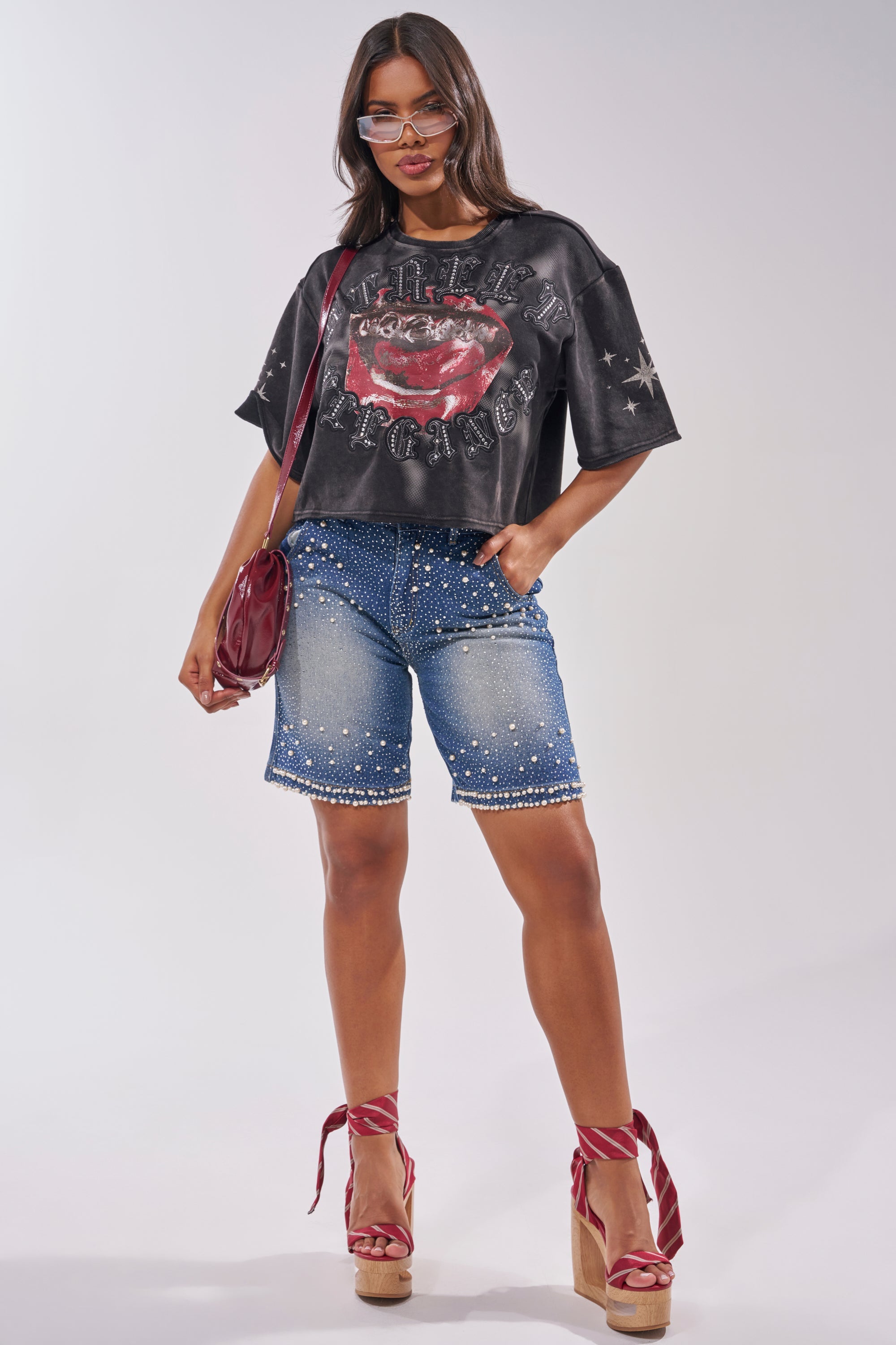 BLINGED OUT CARGO SHORTS IN MEDIUM BLUE DENIM