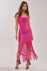 TAKE ME DANCING FRINGE MAXI DRESS IN FUSCHIA