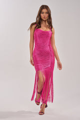 TAKE ME DANCING FRINGE MAXI DRESS IN FUSCHIA
