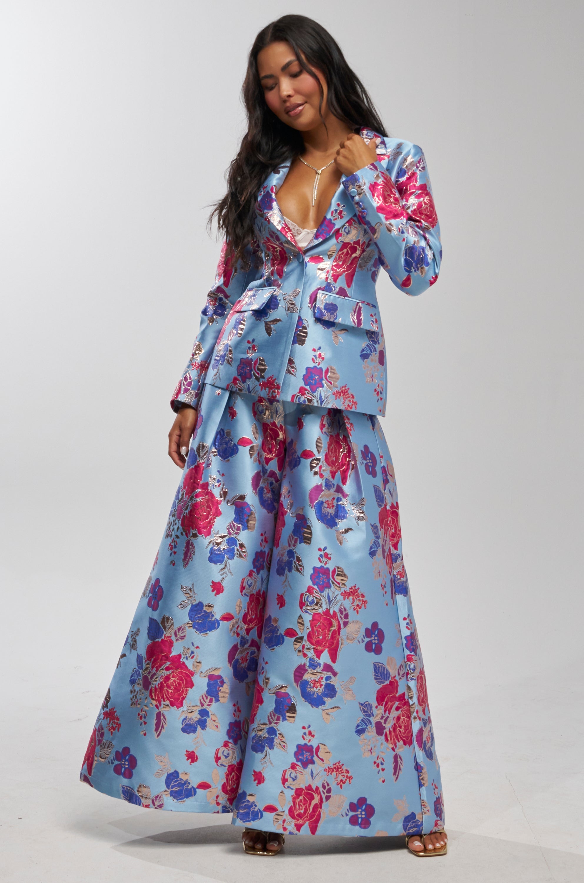 BUY MYSELF FLOWERS BROCADE TROUSER IN BLUE