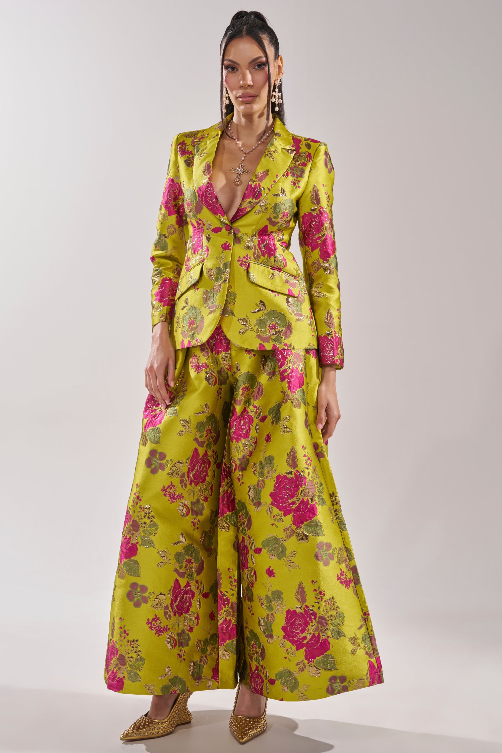 BUY MYSELF FLOWERS BROCADE TROUSER IN LIME