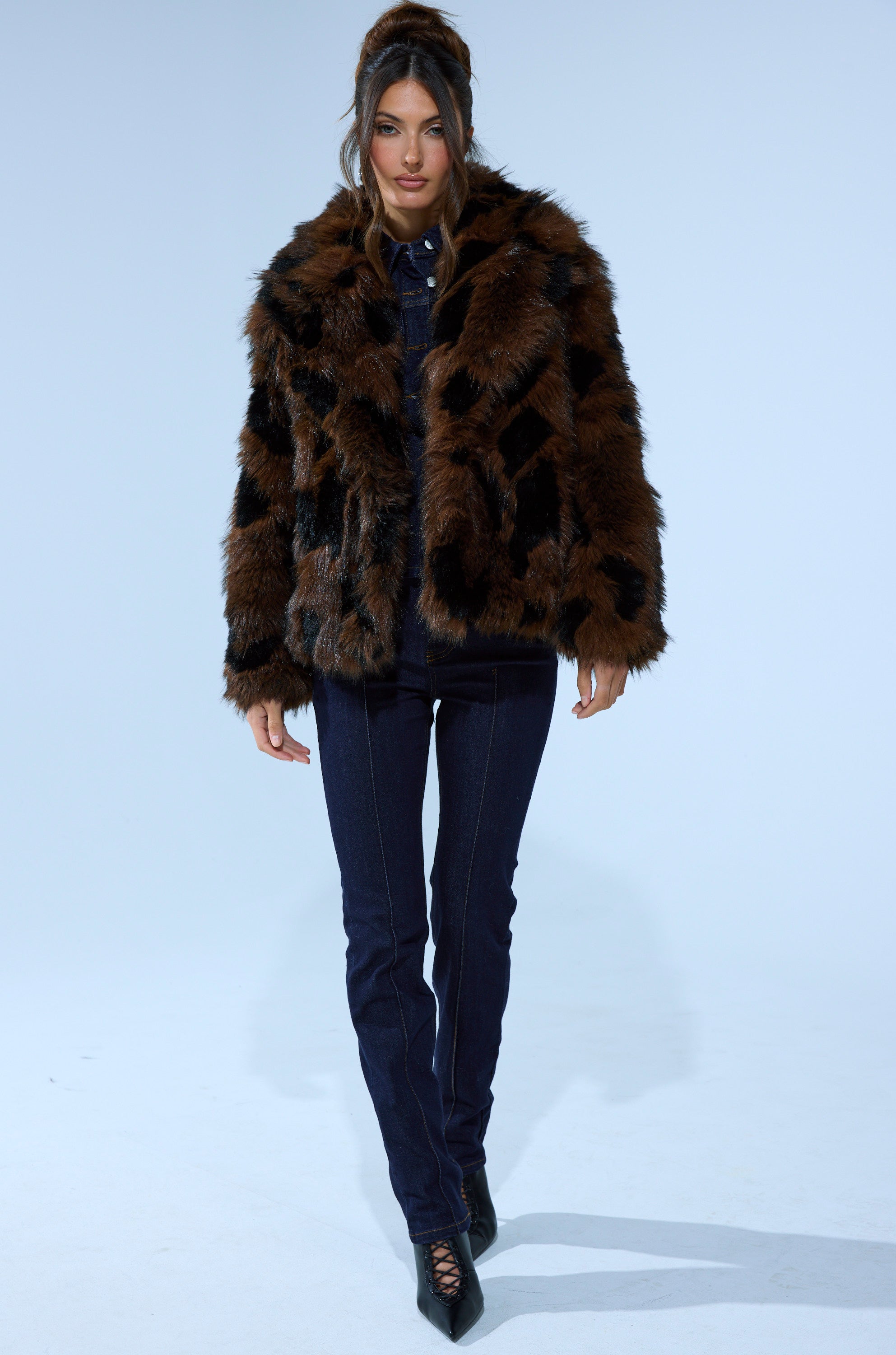 SHORTIE FUR COAT IN BROWN MULTI