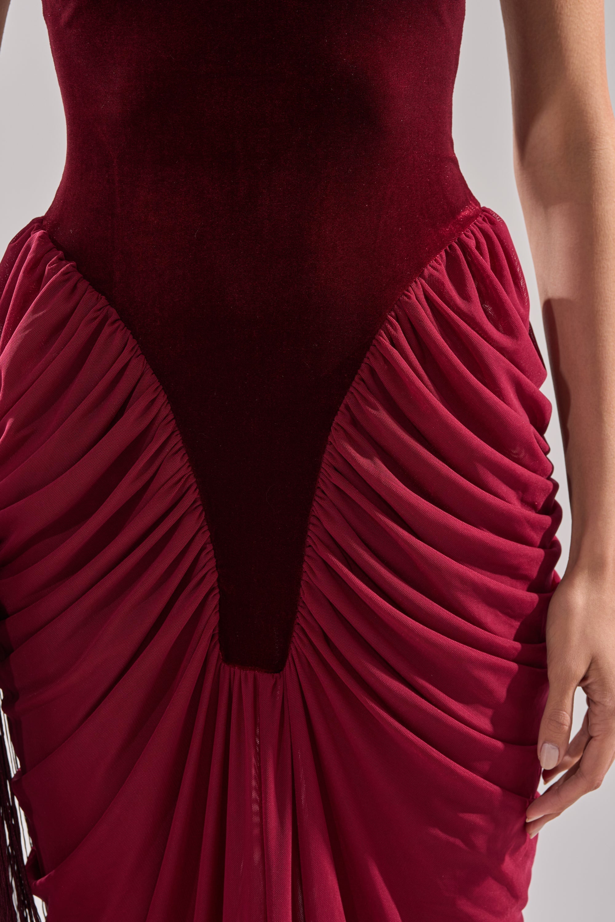 BABY ITS COLD OUTSIDE VELVET RUCHED MAXI DRESS