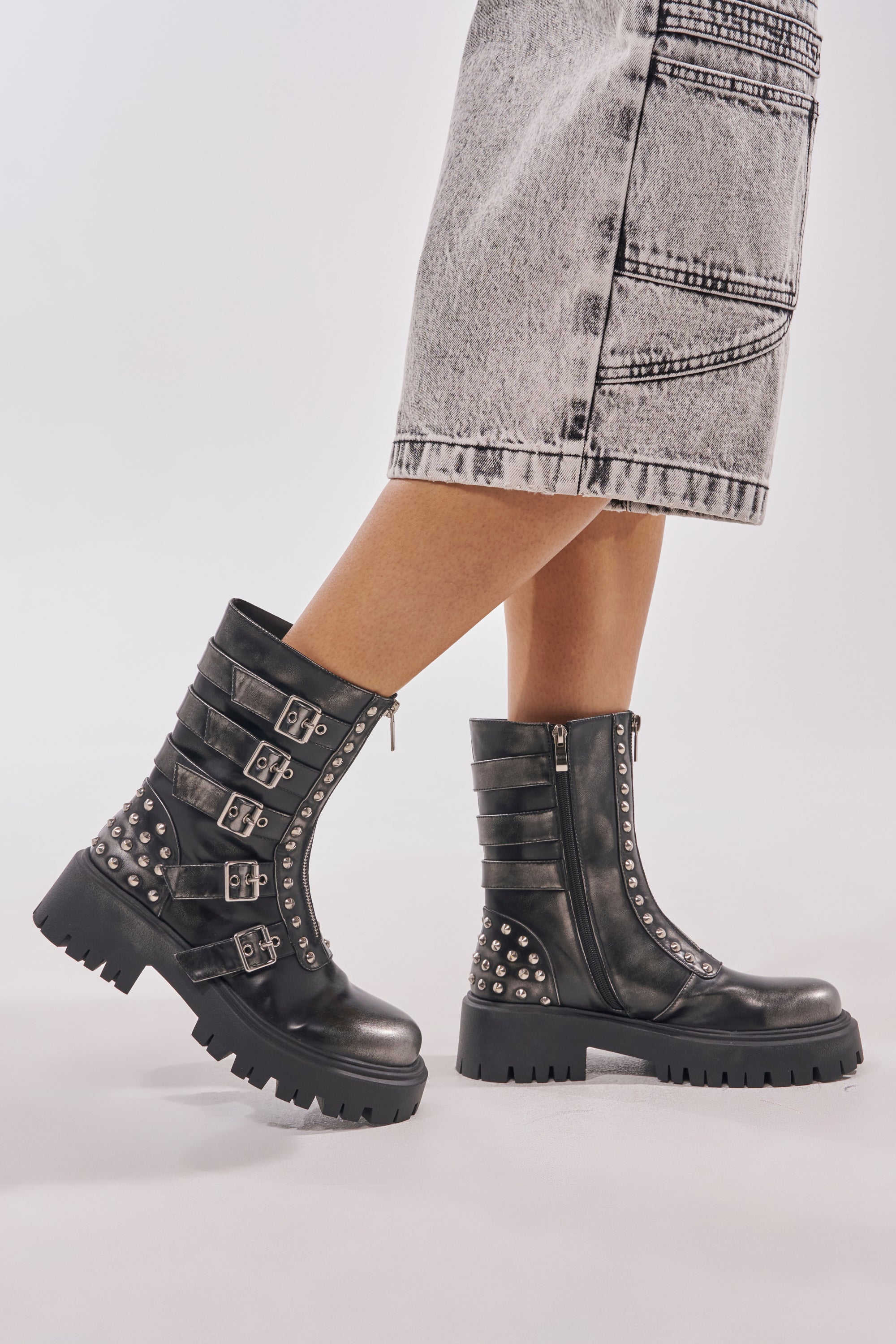 AKIRA GOLD ESTERA CHARCOAL EMBELLISHED COMBAT BOOTIE