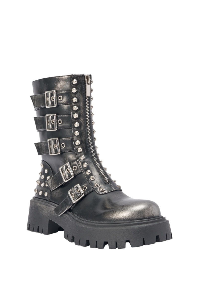AKIRA GOLD ESTERA CHARCOAL EMBELLISHED COMBAT BOOTIE