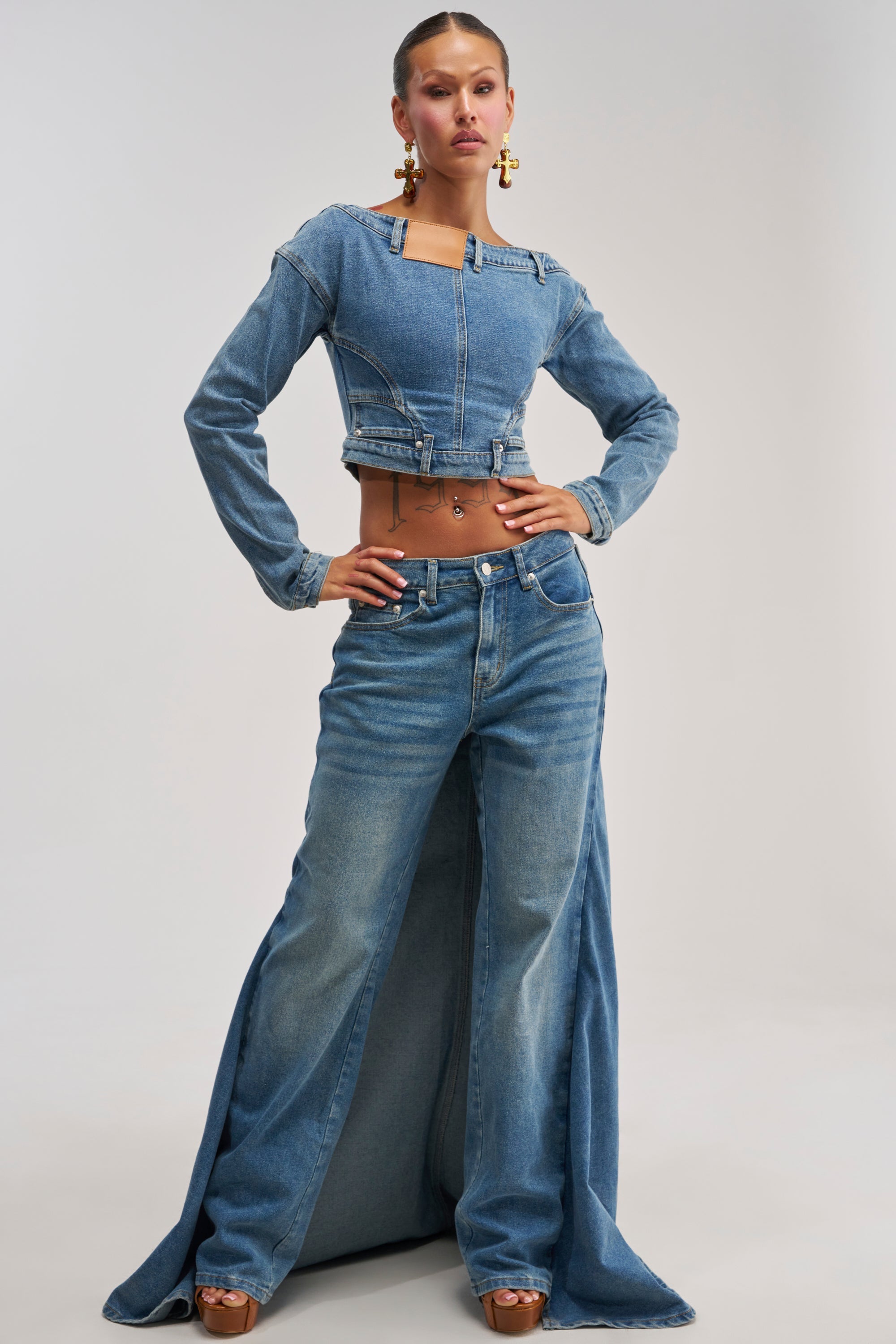SHAKE IT OFF DENIM OFF THE SHOULDER TOP
