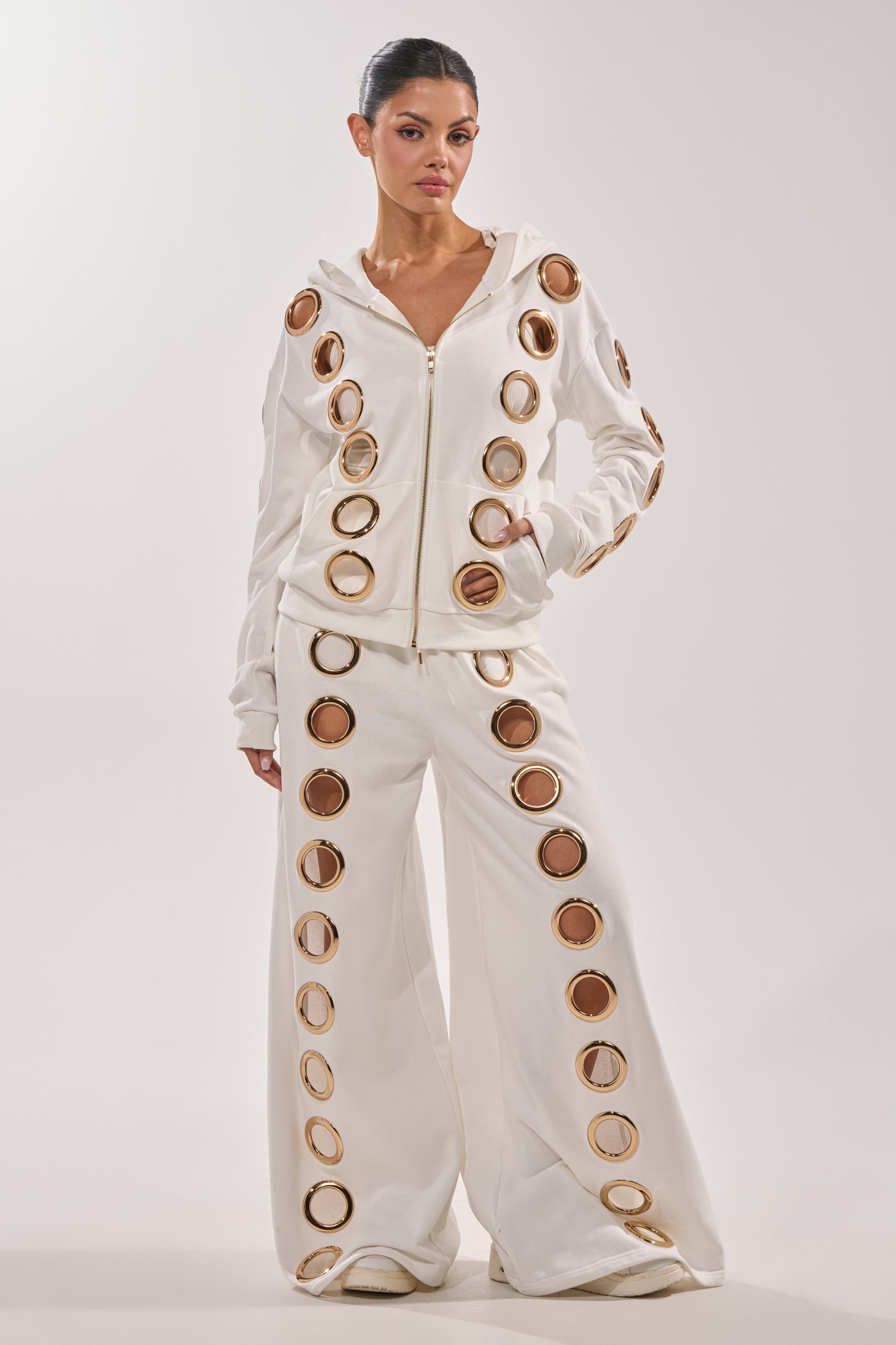 THROUGH THE NIGHT SWEATSHIRT WITH HOLES IN WHITE
