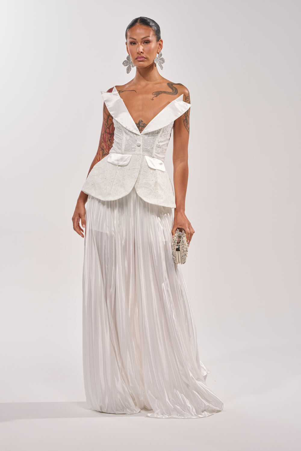 CALLED OUT SATIN PLEATED PALAZZO PANT IN WHITE