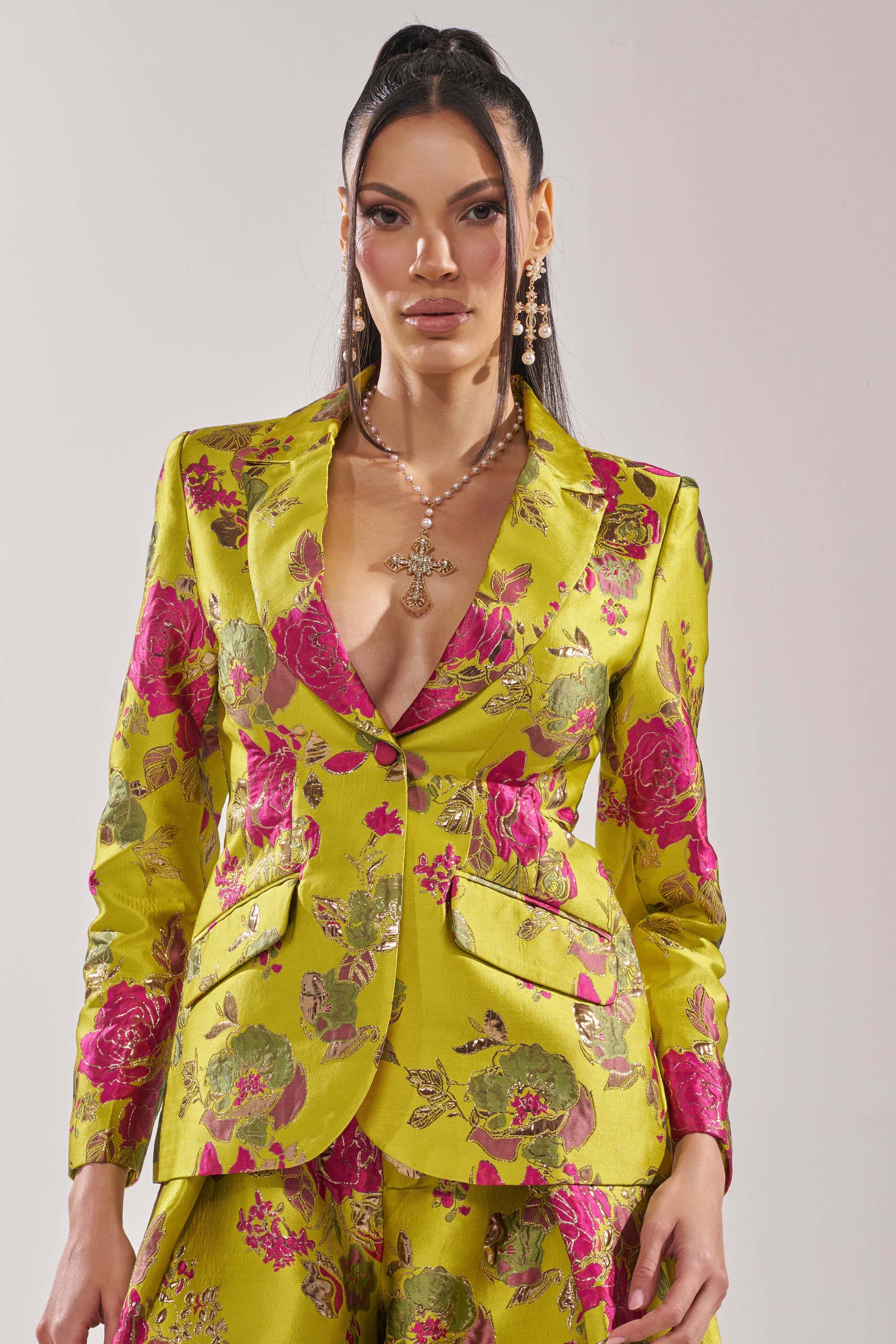 BUY MYSELF FLOWERS BROCADE BLAZER IN LIME