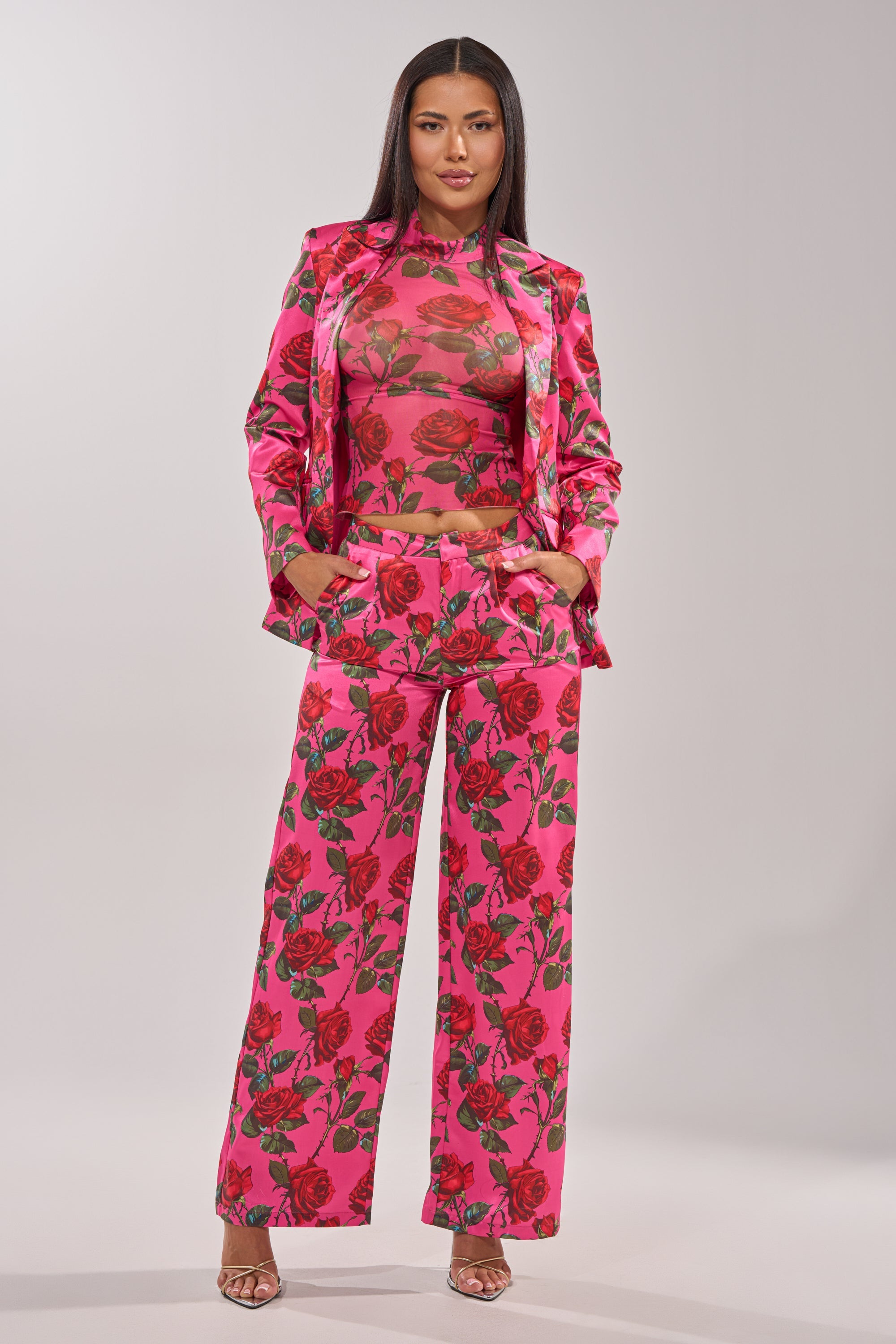 DOZEN ROSES SATIN BLAZER IN FUCHSIA