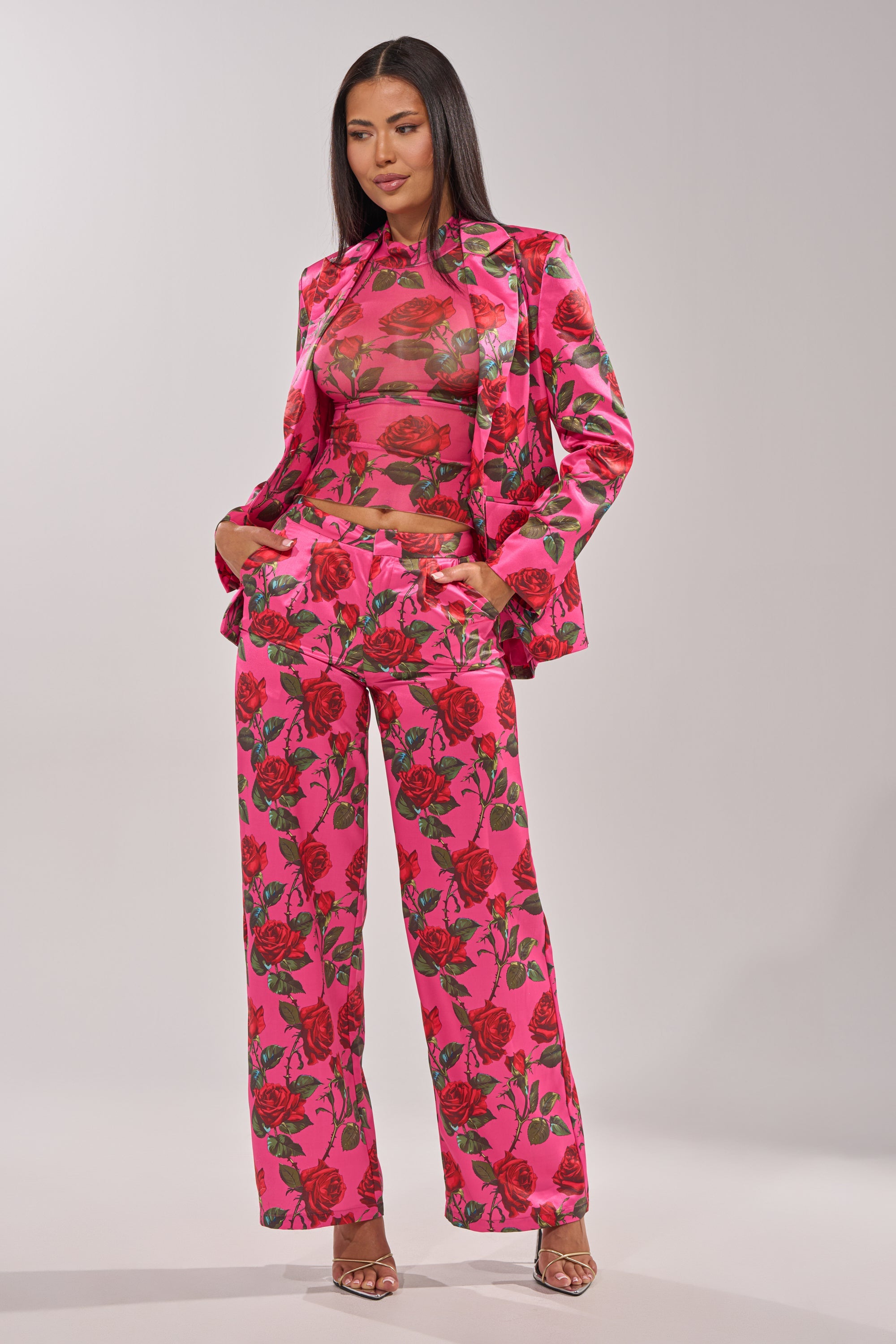 DOZEN ROSES SATIN BLAZER IN FUCHSIA
