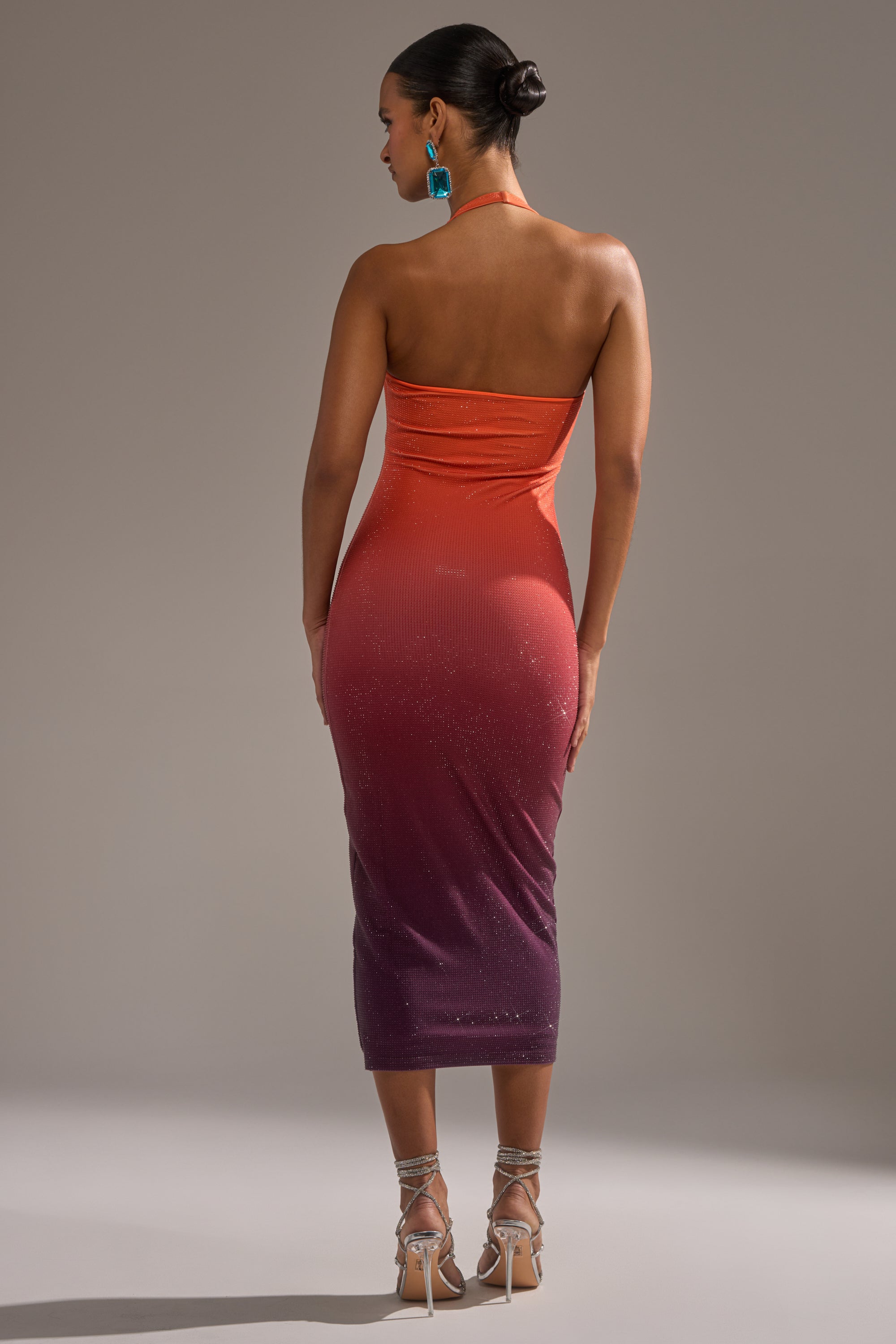 DUSK TILL DAWN RHINESTONE MIDI DRESS IN ORANGE