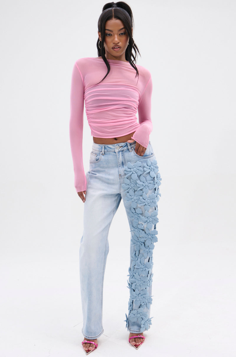 PAXTON SEXY RUCHED MESH LONG SLEEVE TOP