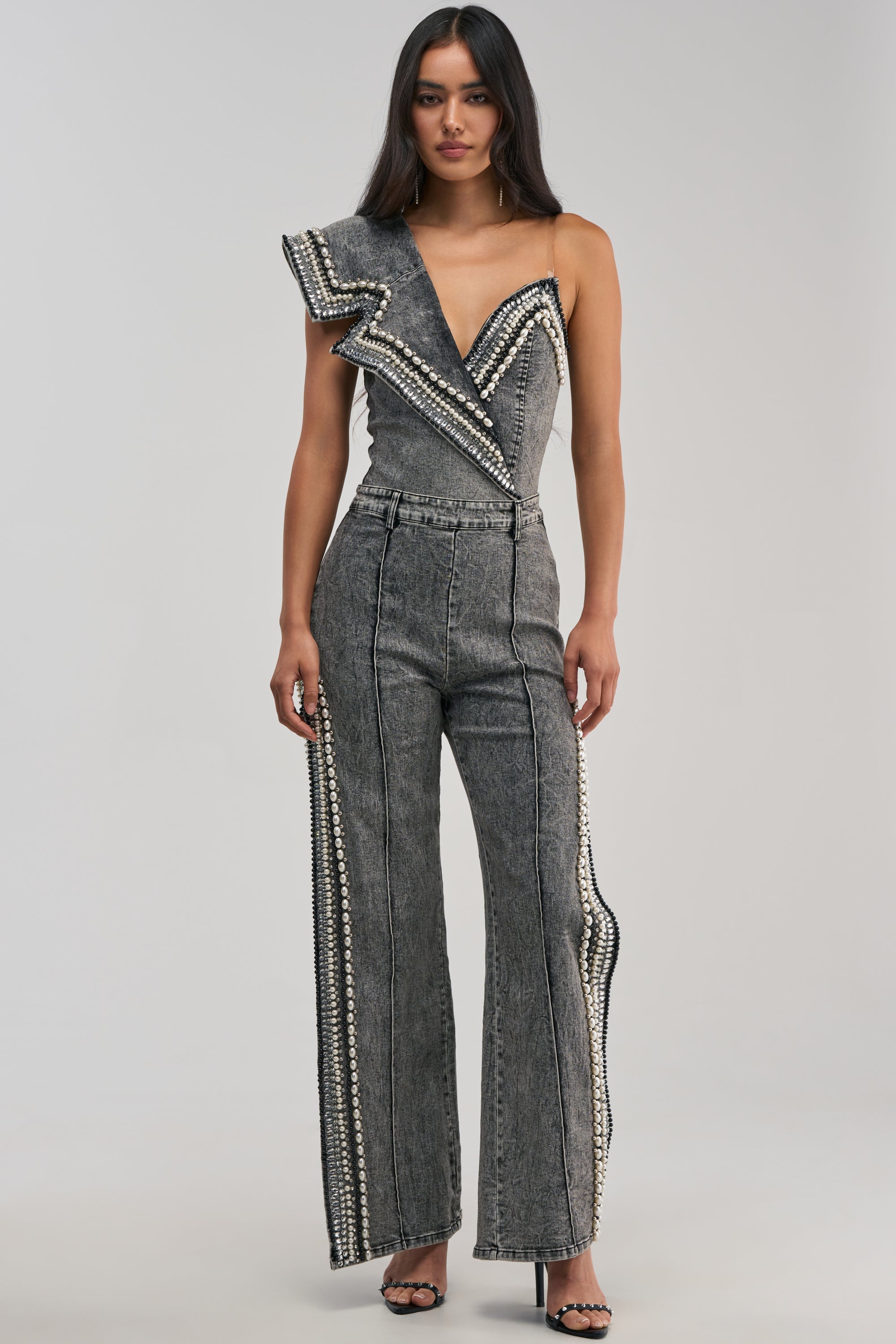 LUXURIOUS DENIM ASYMMETRICAL PEARL BODYSUIT IN GREY