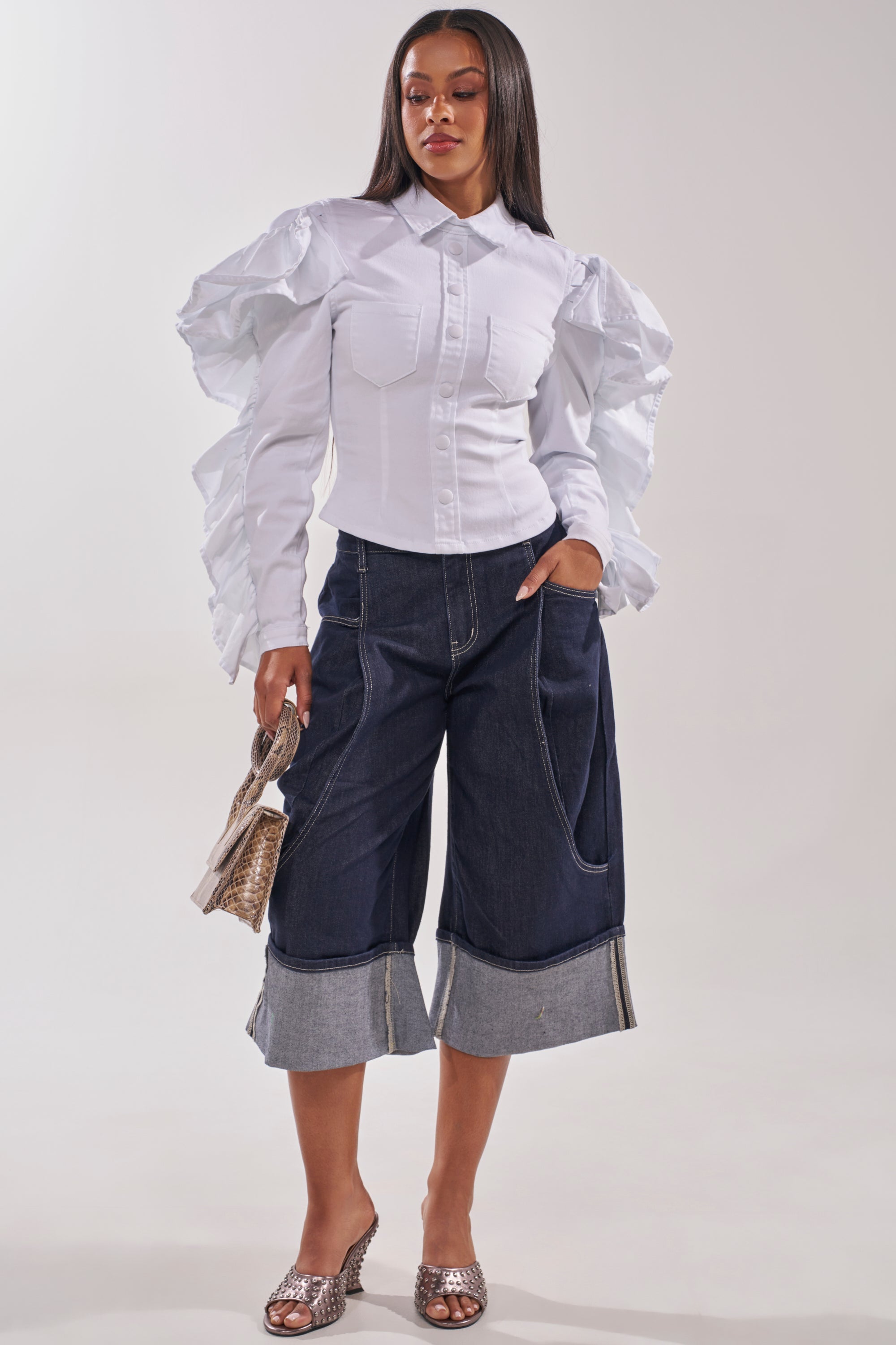 DREA RUFFLE SLEEVE BUTTON DOWN