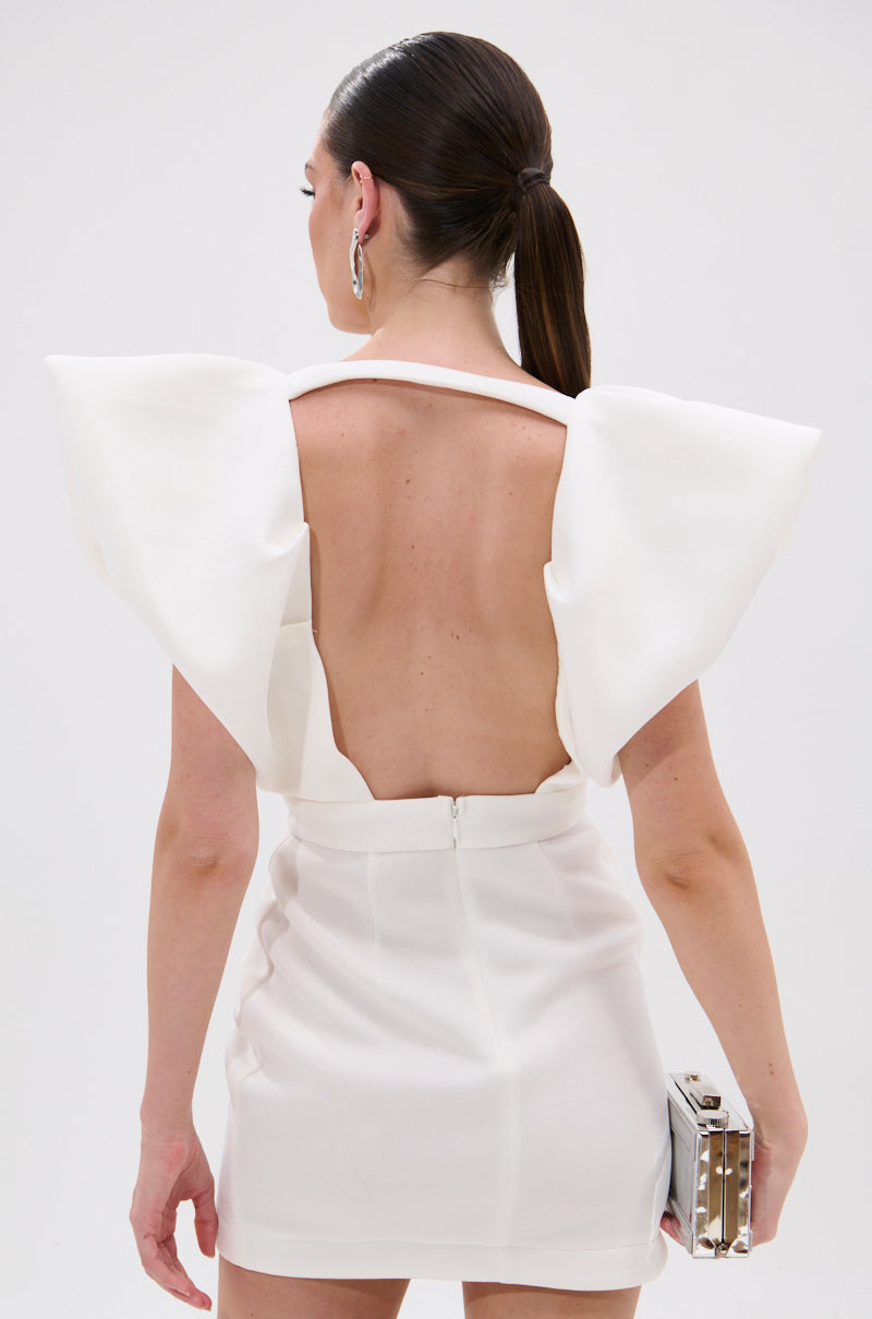 IRREPLACEABLE RUFFLE SLEEVE TULIP HEM MINI DRESS IN WHITE
