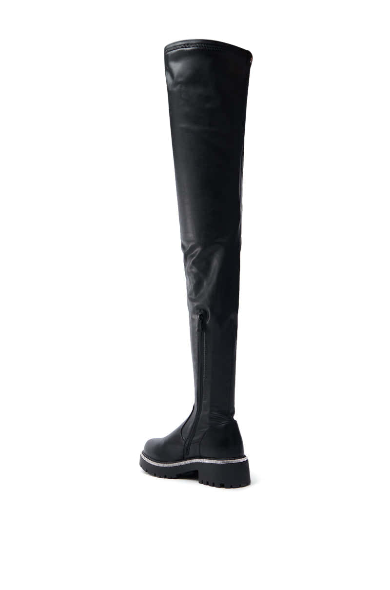 AZALEA WANG NEWRULES RHINESTONE STRETCH PU FLAT BOOT