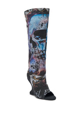 AKIRA GOLD NINE LIVES GRAPHIC OPEN TOE WEDGE BOOT