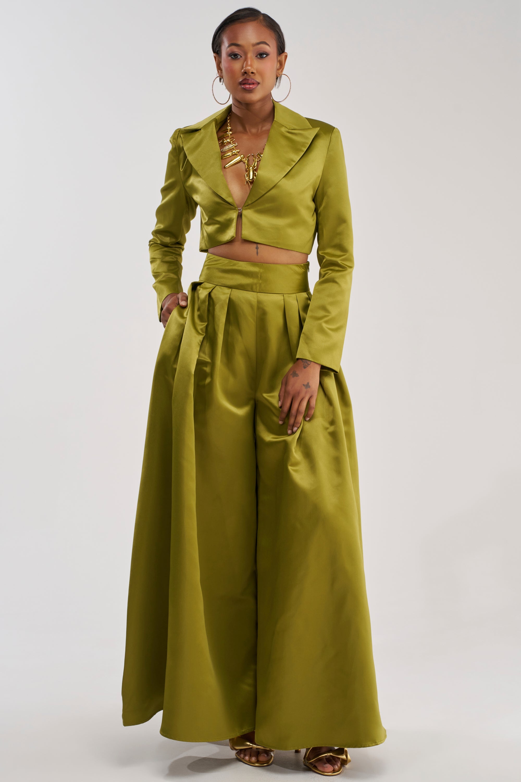 LILA SATIN TROUSER IN CHARTREUSE