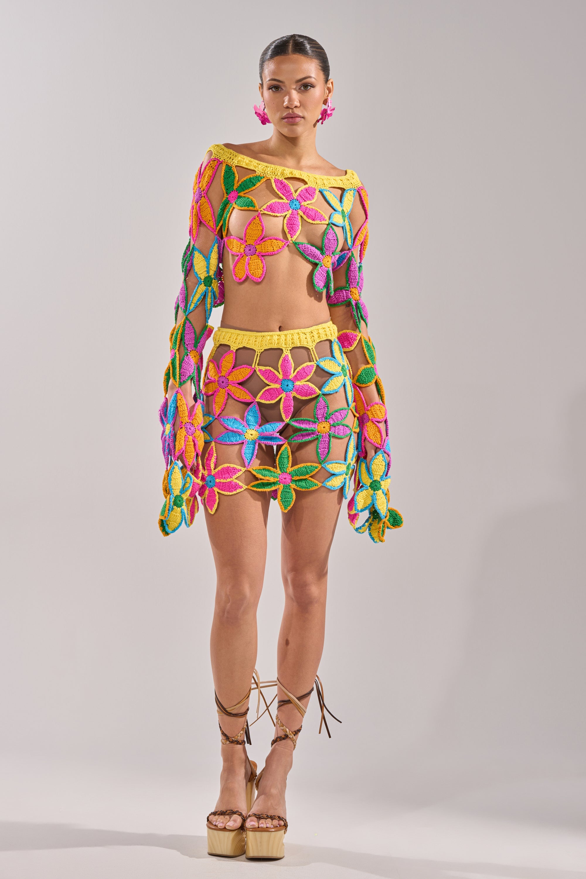 FLORAL FIELDS CROCHET OFF THE SHOULDER SWEATER