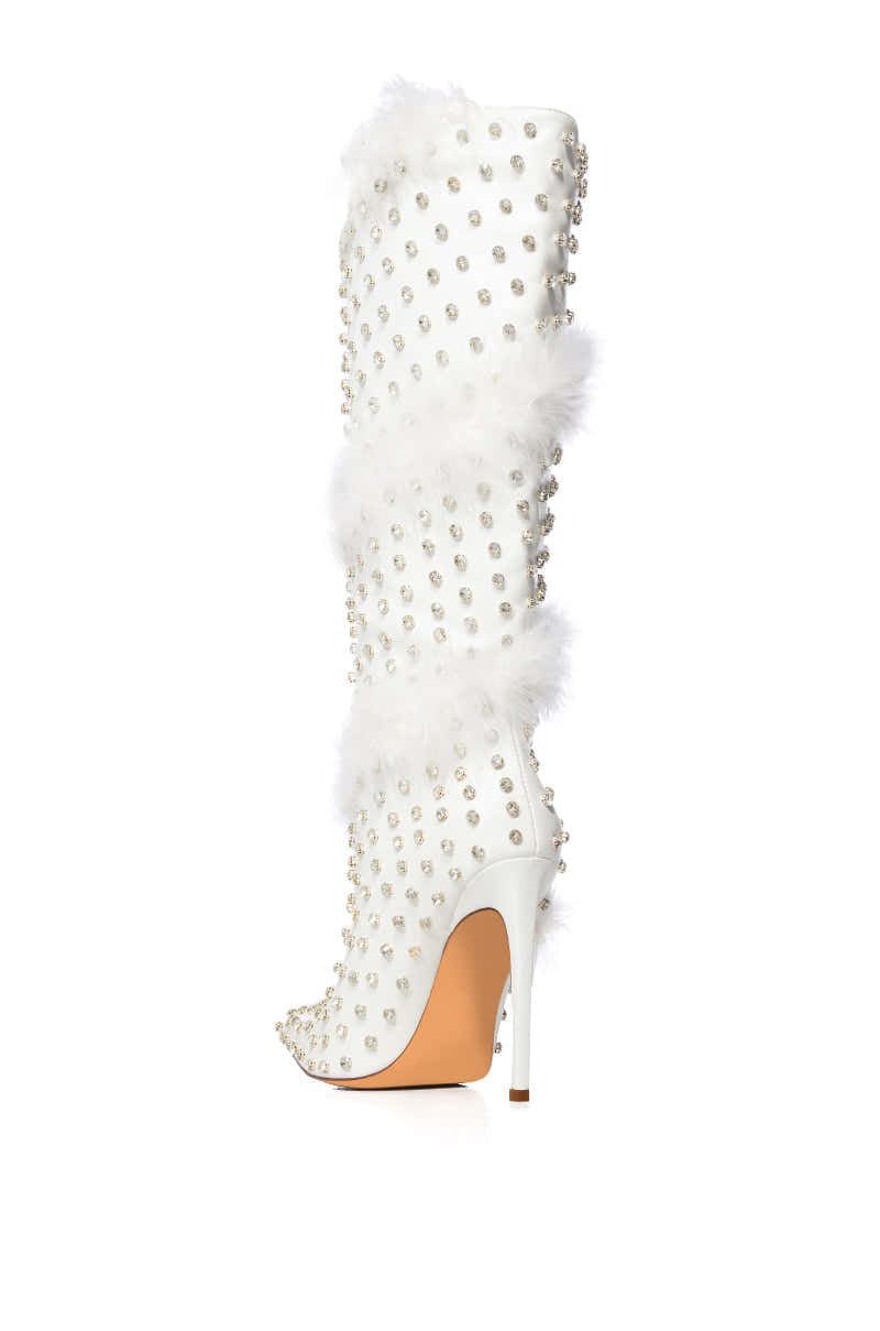 AZALEA WANG GARDENIA FEATHER EMBELLISHED BOOT IN WHITE
