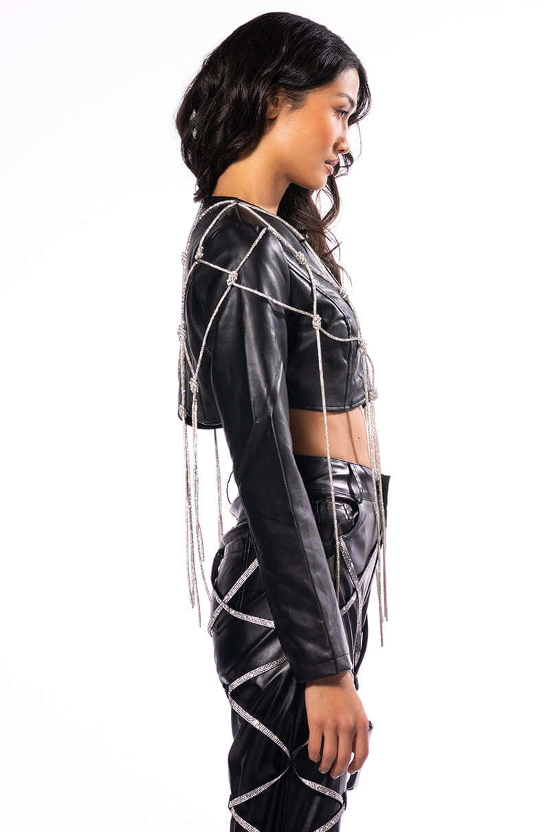 ULTRA CROP WHITE PU JACKET WITH RHINESTONES