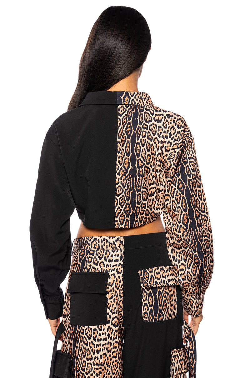 INTO THE JUNGLE BUTTON DOWN CROP BLOUSE