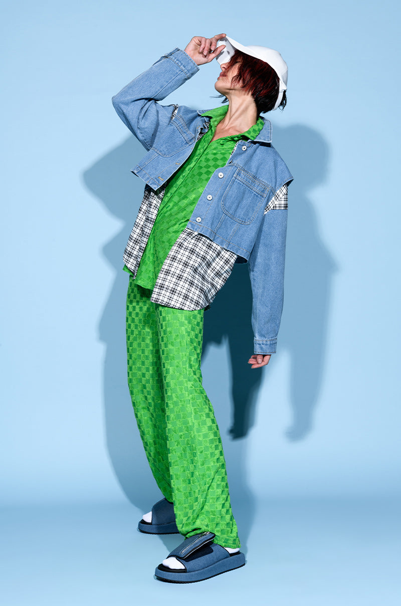 MICHELLE TERRY CHECKER TEXTURED WIDE LEG PANT