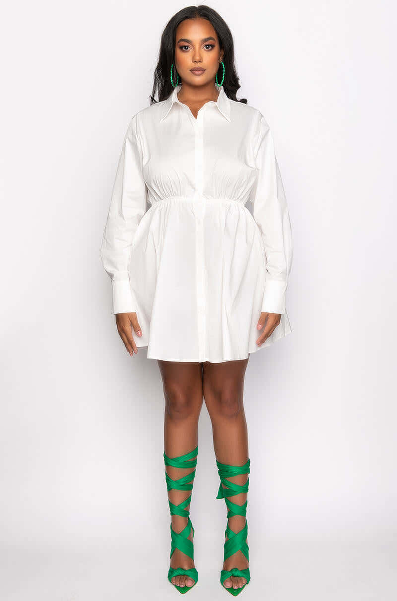 PLUS SUCH A LOOK OPEN BACK BUTTON UP FIT AND FLARE MINI DRESS