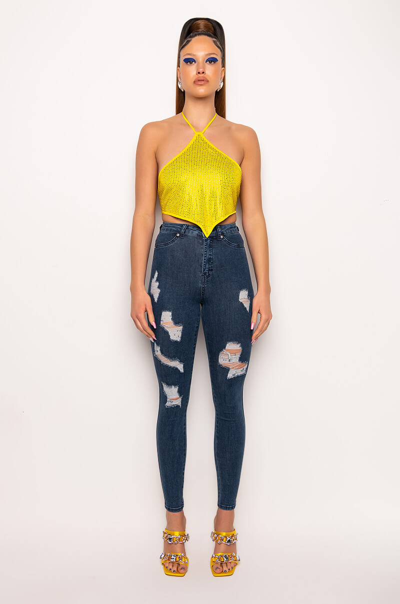 SATURDAZE RHINESTONE HALTER CROP TOP