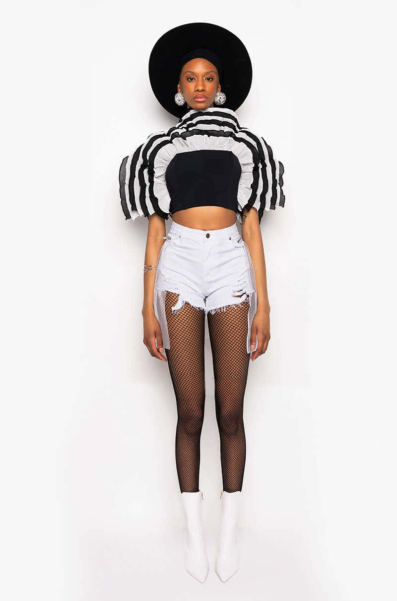 SHADOW TULLE DETAIL ZIPPER DENIM SHORT