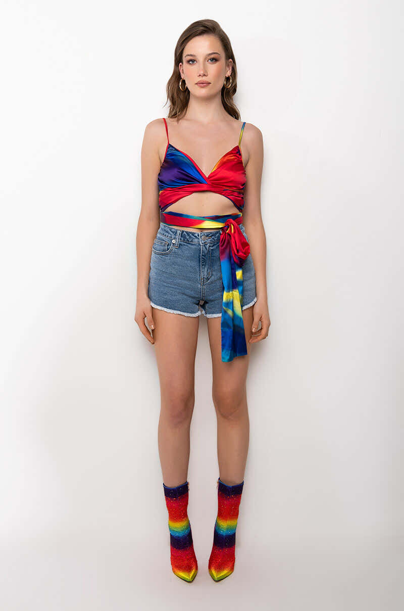 TASTE THE RAINBOW WRAP FRONT SLEEVELESS SATIN BLOUSE