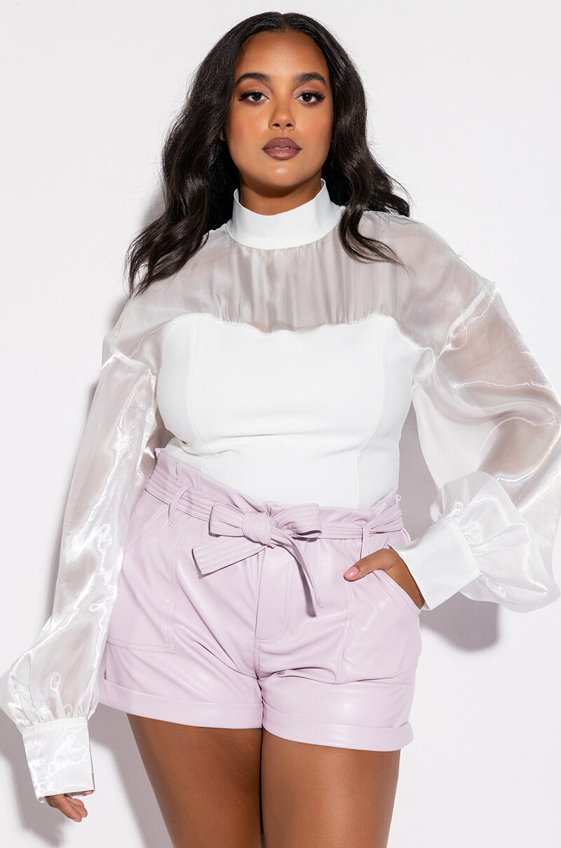 TWO STEPS AHEAD FAUX LEATHER PAPER BAG WAIST SHORTS